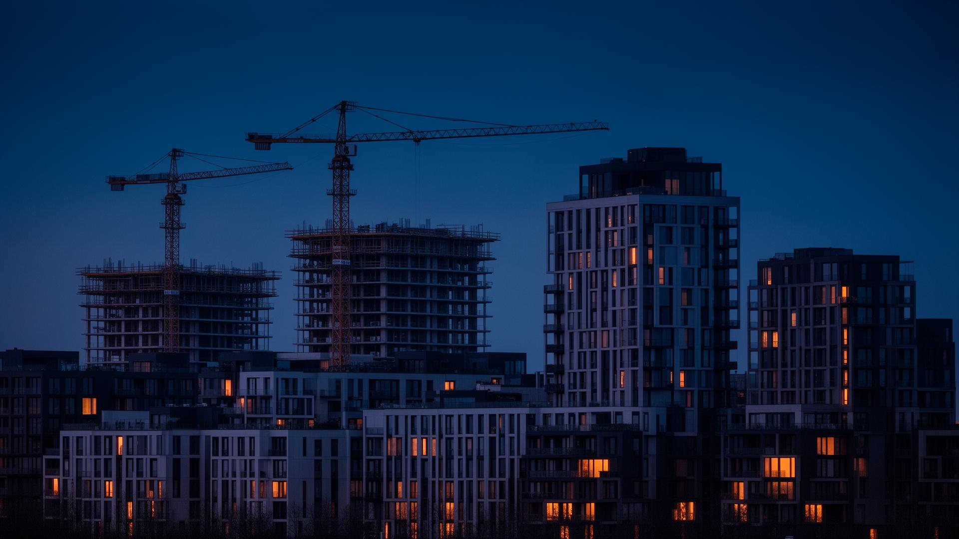 Stedelijke skyline met bouwkranen en nieuwbouwappartementen